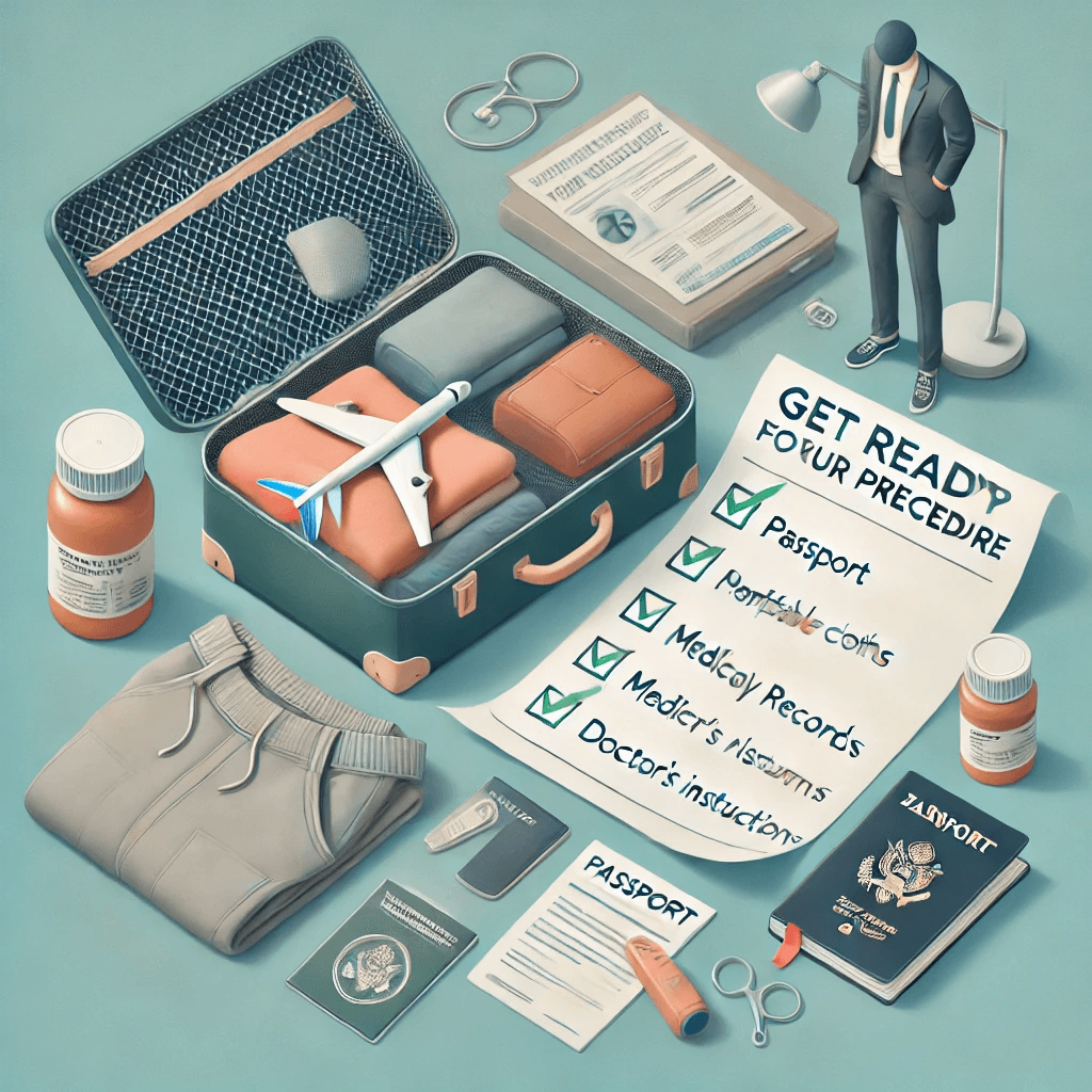 Get Ready for Your Procedure": "Person packing a suitcase with medical documents, medications, and comfortable clothes, preparing for a medical procedure abroad.