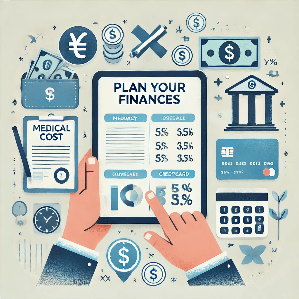 Person reviewing a medical cost estimate on a tablet with a credit card and calculator nearby, symbolizing financial planning for a medical trip abroad.