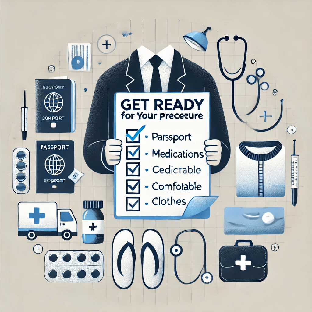Person reading doctor's instructions and packing essential items like comfortable clothes and medications for a medical procedure abroad.