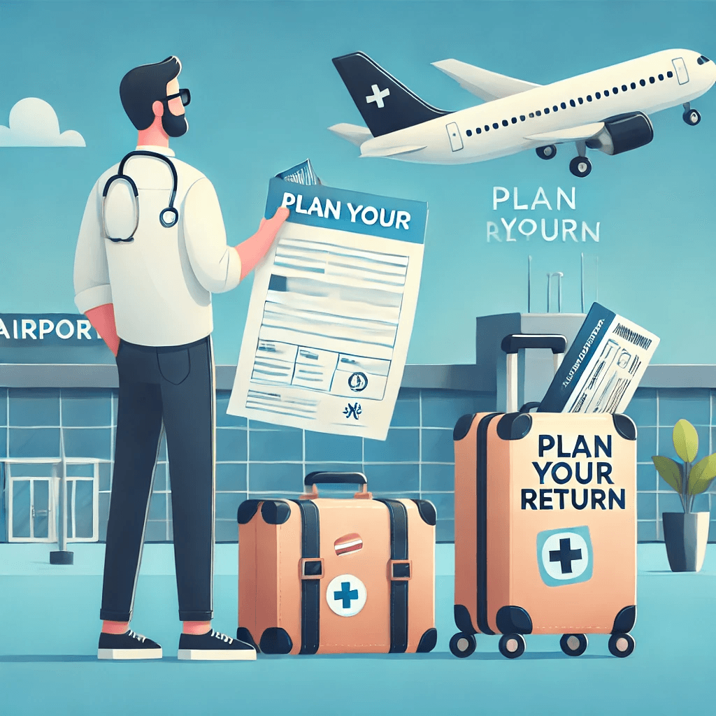 Person at the airport holding a boarding pass and luggage, waiting to board a flight home after a successful medical trip abroad, with a doctor’s note for travel clearance.