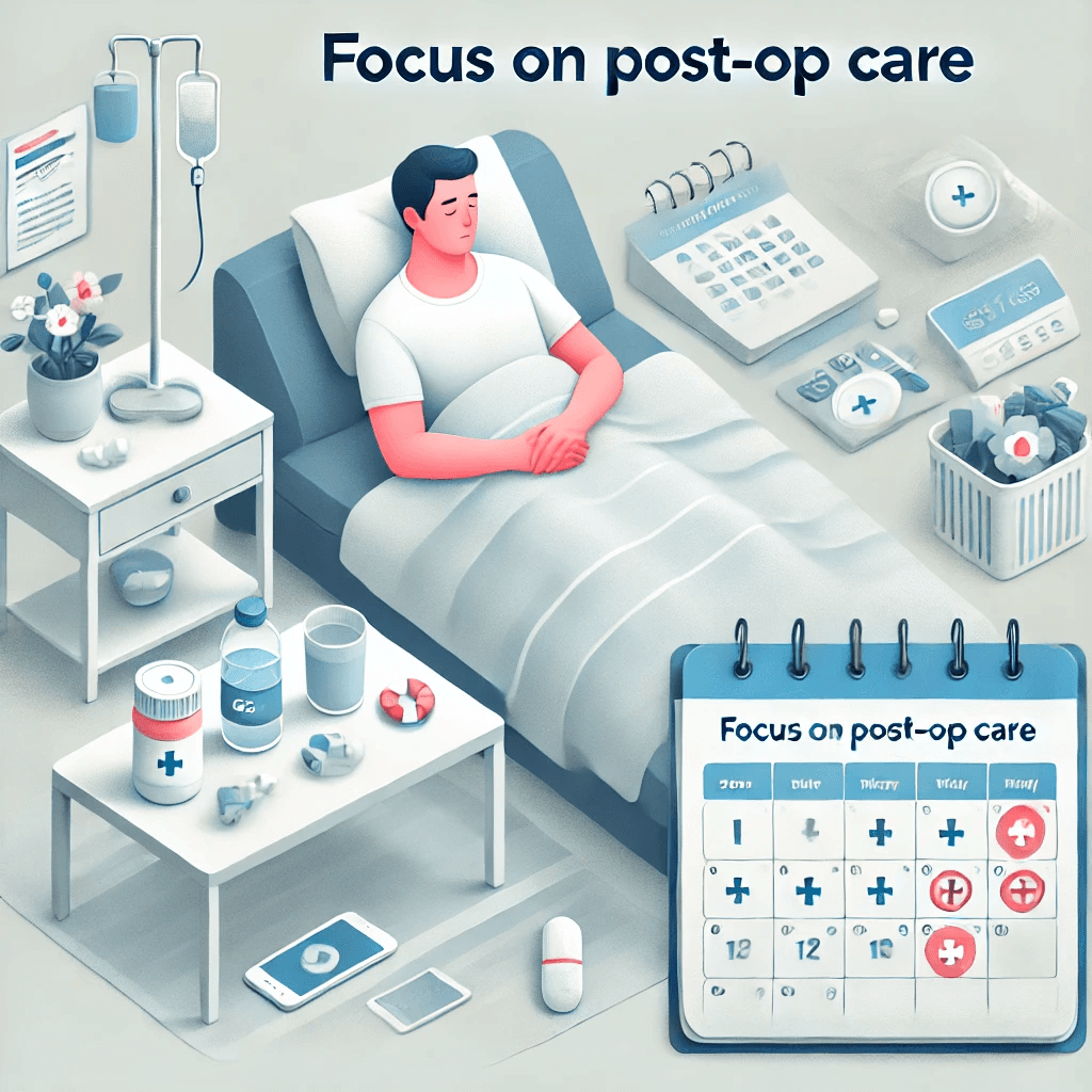 Person resting at home with medication and phone for follow-up care, emphasizing post-op recovery after a medical trip abroad.