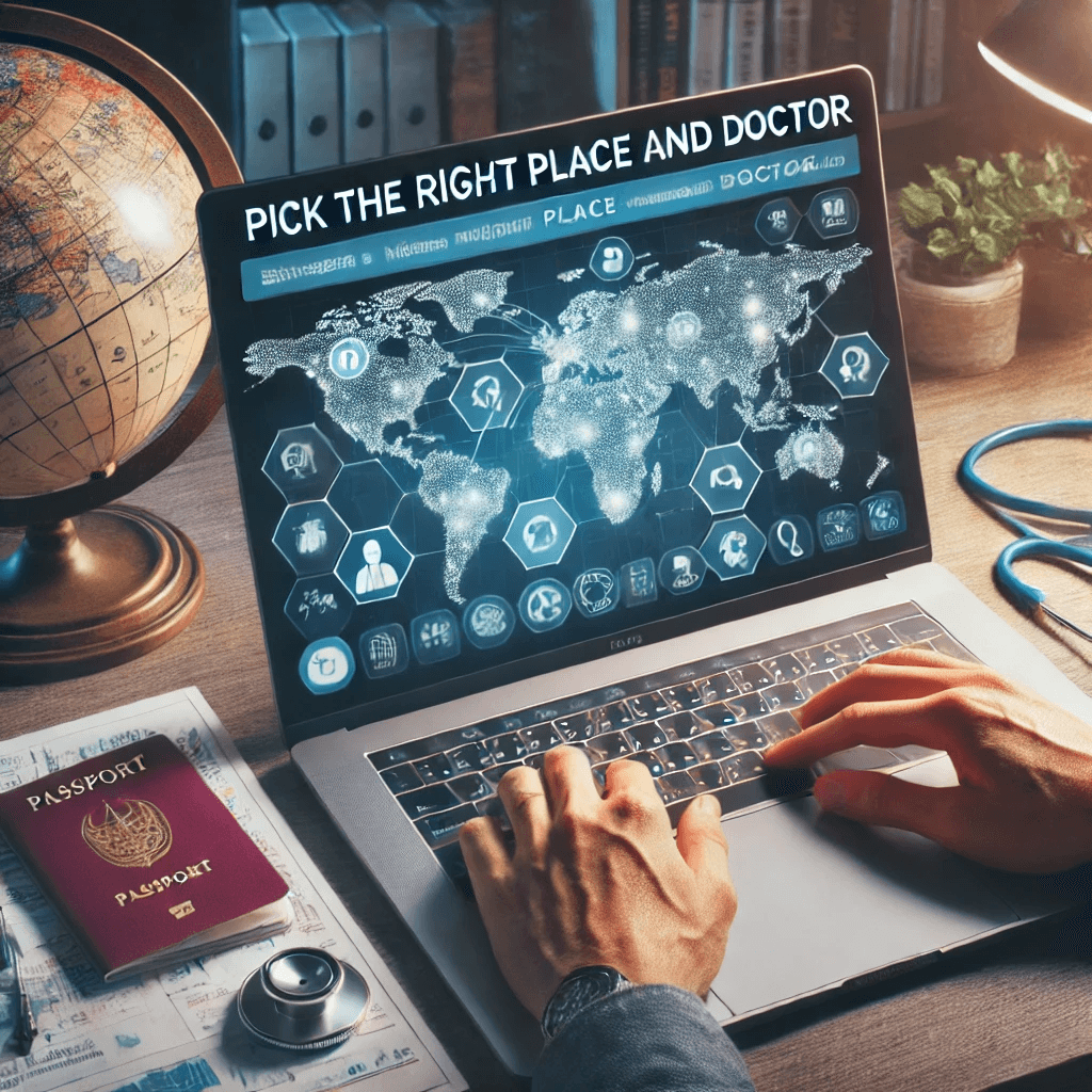 Person researching doctors and hospitals for medical treatment abroad, with a globe, passport, and stethoscope on the desk