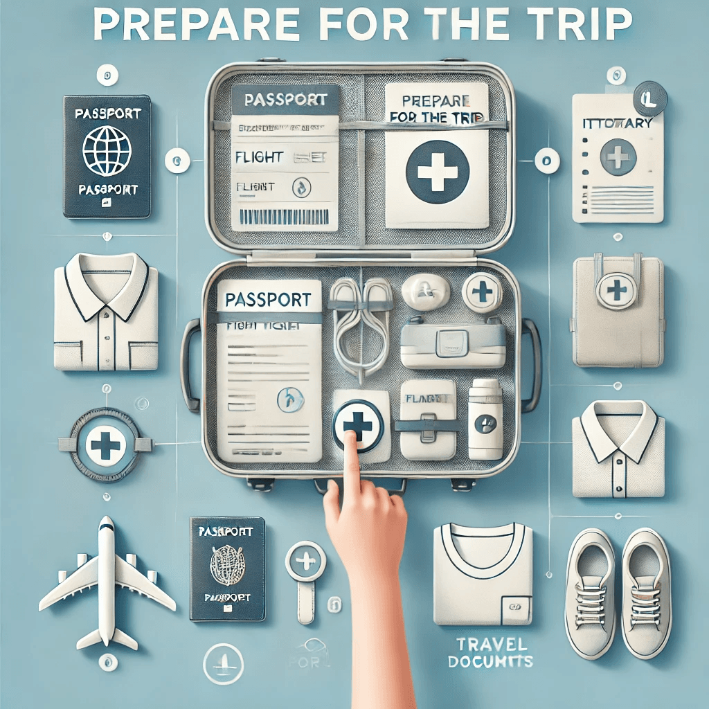Person packing a travel bag with a passport, flight ticket, and travel documents, preparing for a medical journey abroad.